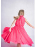 High Neck Fuchsia Tulle Tea Length Flower Girl Dress